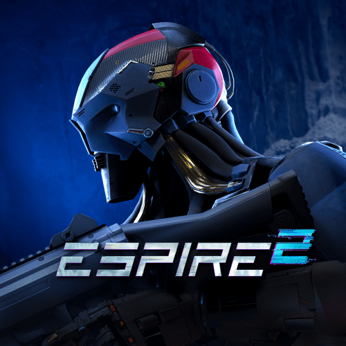 Humanoid Drone Stands with weapon at the ready, Espire 2 displays over head.